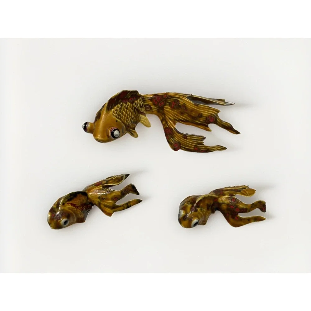 Set of 3 Koi Fish Ceramic Handcxrafted Gold Red Green Signed Irene Marosy